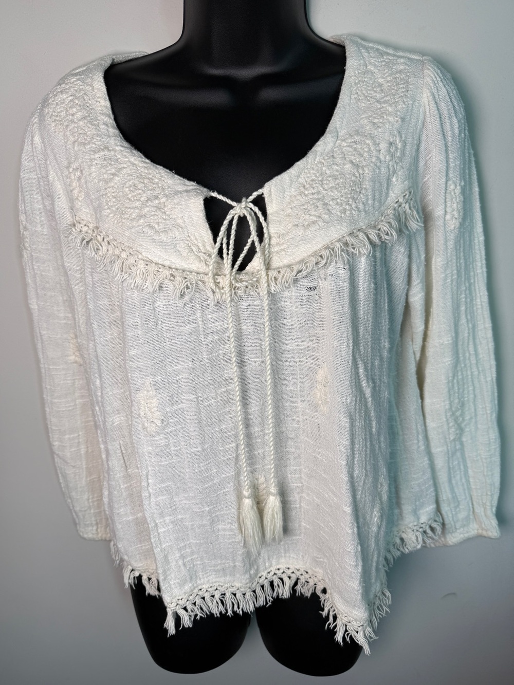 World Market Embroidered Gauze Peasant Top Ivory Boho Sz S/M